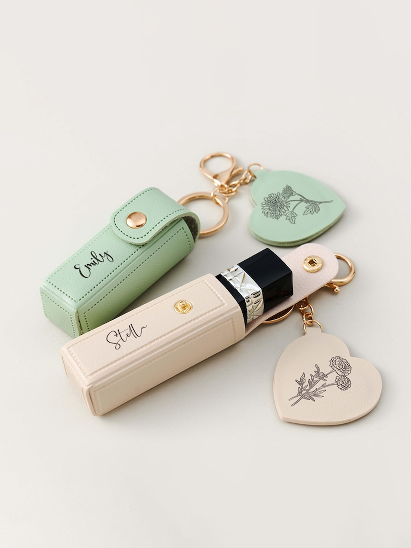 Birth Flower Pattern Lipstick Keychain Storage Case (with Mirror), Custom PU Leather Lip Balm Pouch
